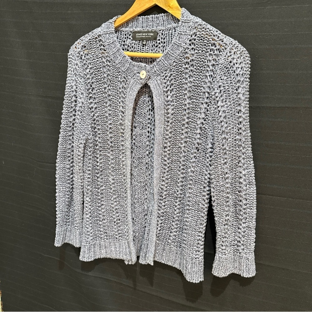 Jones New York Collection Petite Small Open Front Chunky Knit Cardigan Sweater - Picture 2 of 10